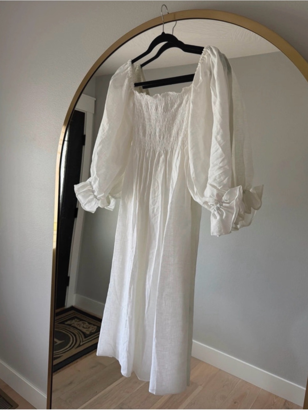 Sleeper White Smocked Puff Sleeve Maxi Dress